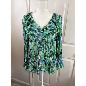Allison Taylor Ruffle Blouse Womens XL Green Blue Watercolor Pleated Y2K Blouse
